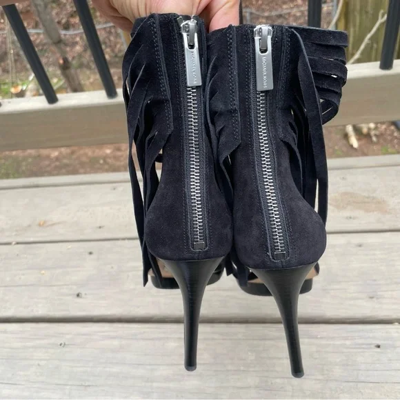 Michael Kors Daphne Black Fringe Platform Open Toe Stiletto Sandals Shoes 39.5 - Picture 7 of 16
